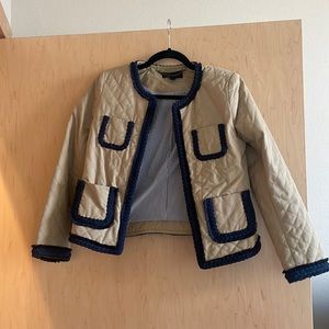 JCrew Quilted Lady Safari Jacket Tan and Navy Collarless Blazer
